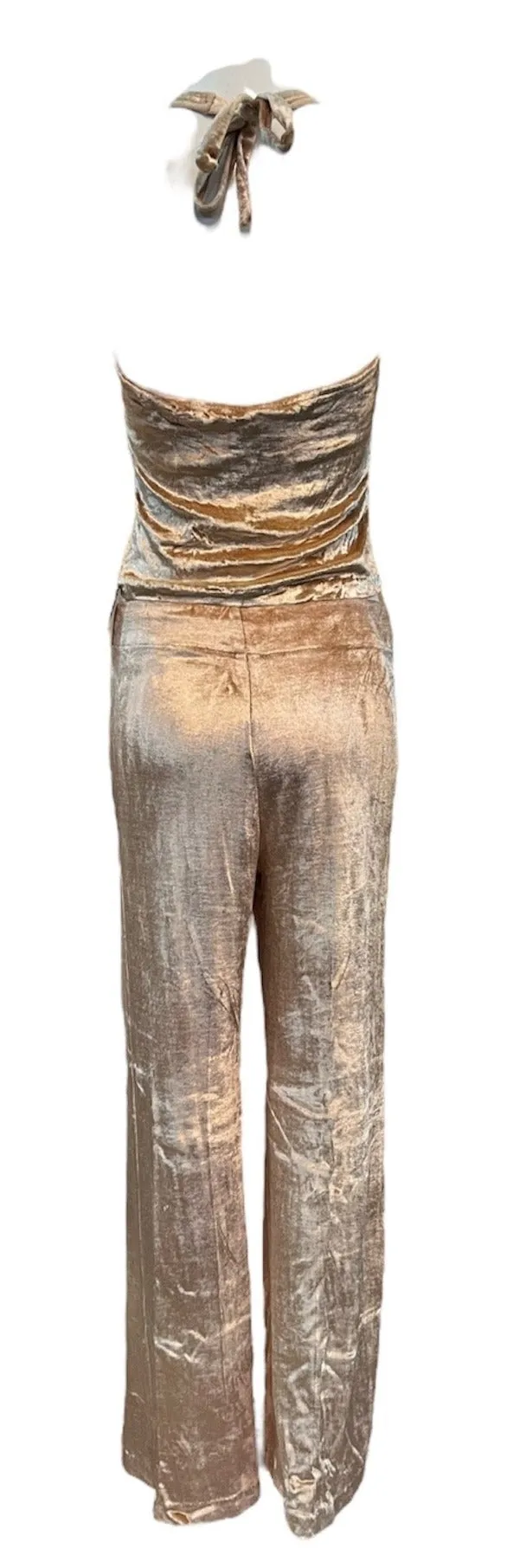 70s champagne velvet halter top and pant ensemble