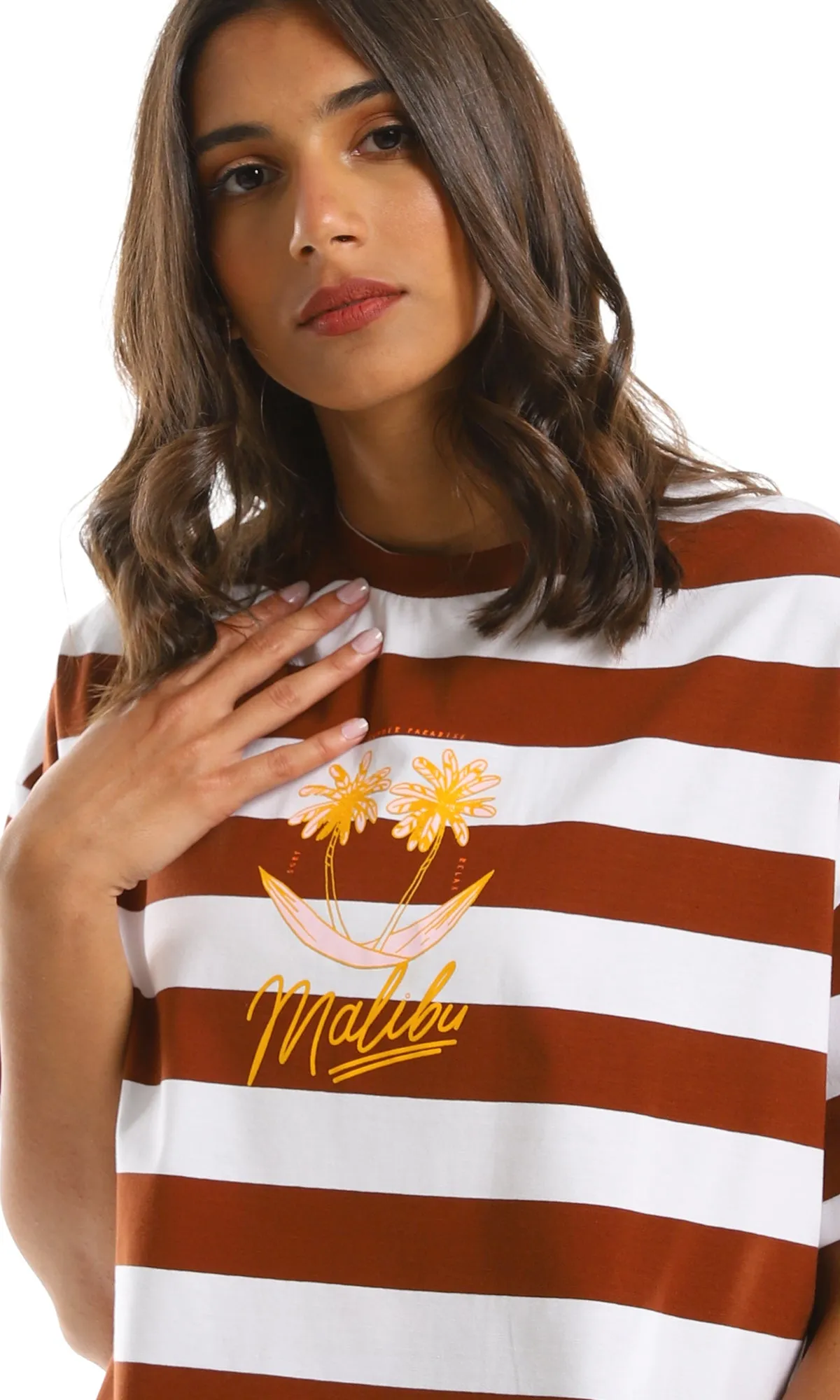 98060 White & Brown Striped "Malibu" Palm Trees Printed Crop Top