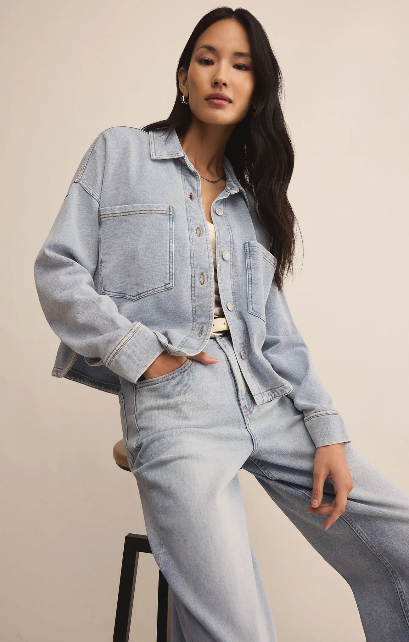 All Day Cropped Knit Denim Jacket