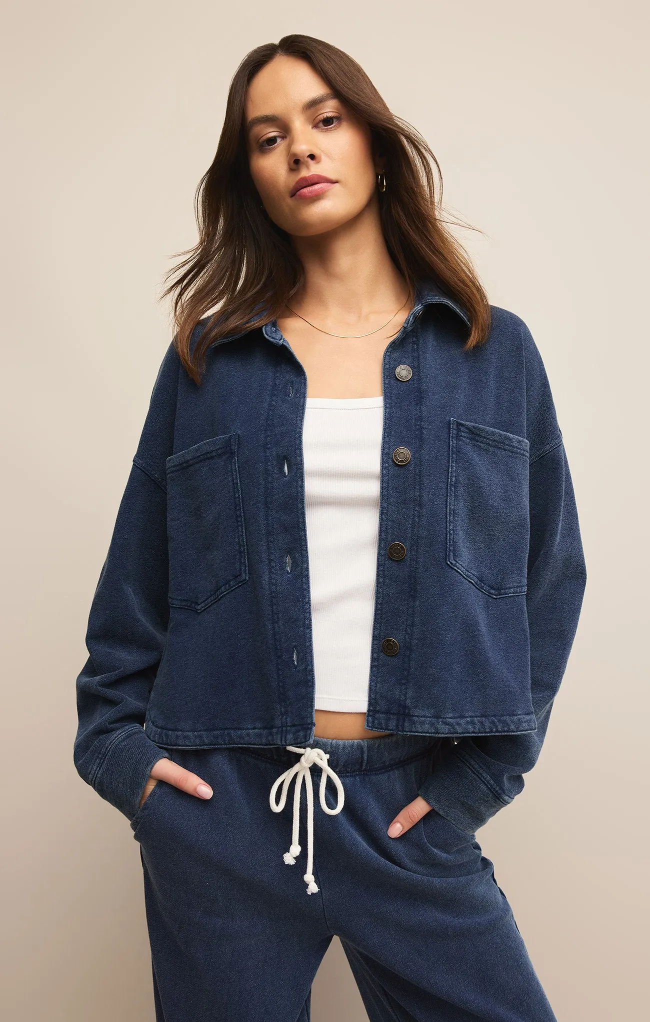 All Day Cropped Knit Denim Jacket