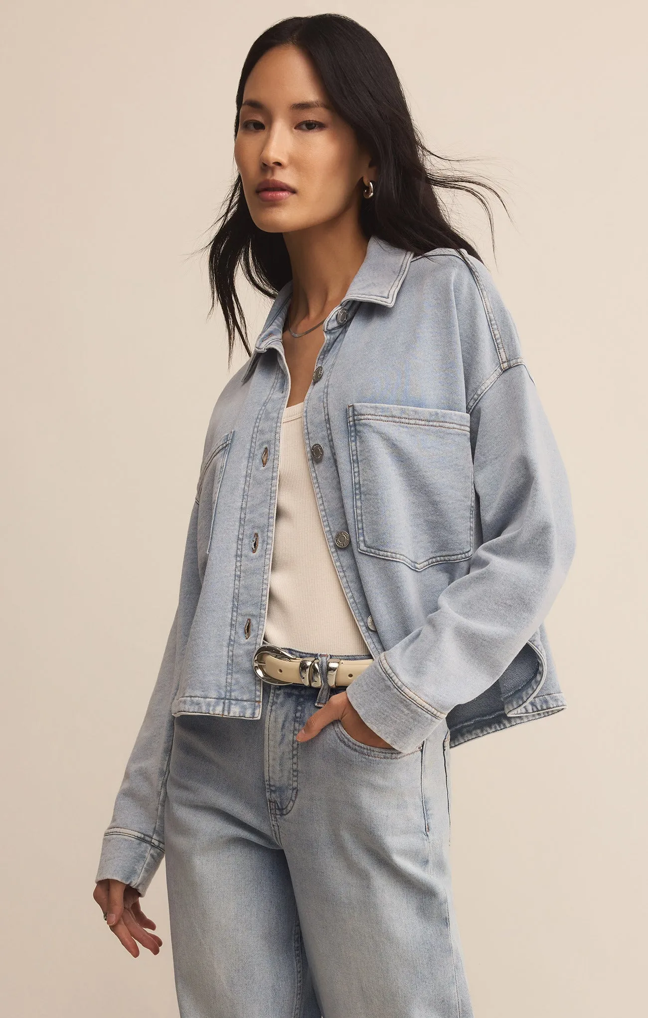 All Day Cropped Knit Denim Jacket