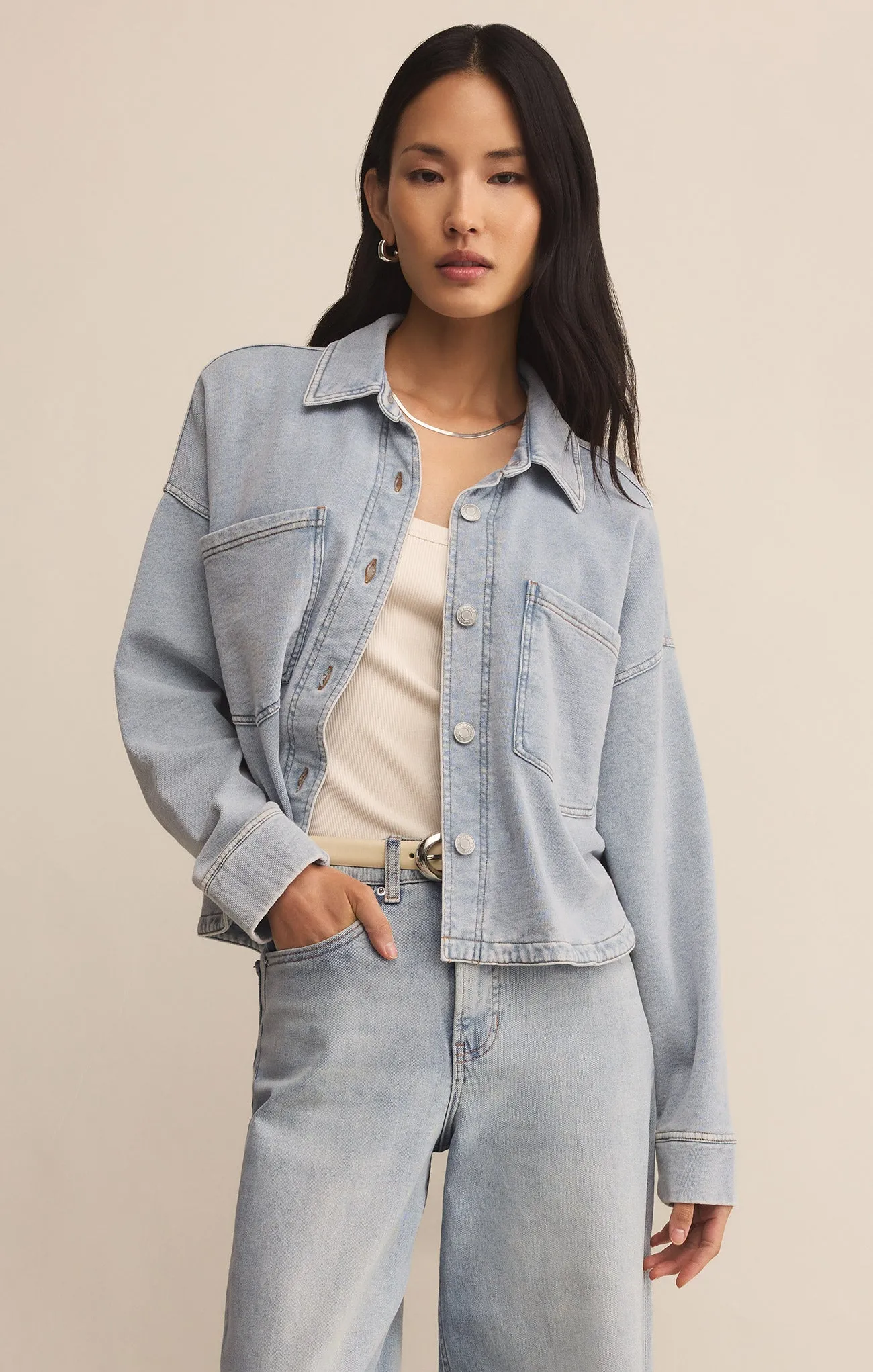 All Day Cropped Knit Denim Jacket