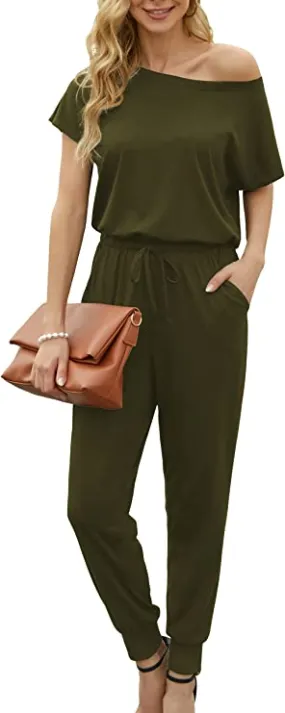 Army Green Summer Jumpsuit Rompers Off Shoulder for Women with Pockets Casual Elastic Waist - KAY SINN