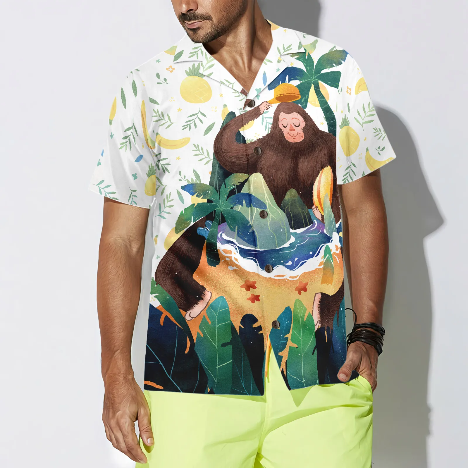 Artistic Bigfoot on the Beach Hawaiian Shirts for Men, Sasquatch Shirts