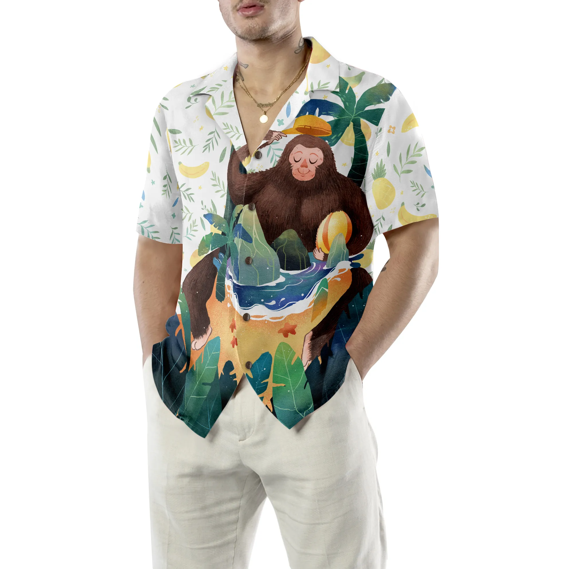 Artistic Bigfoot on the Beach Hawaiian Shirts for Men, Sasquatch Shirts