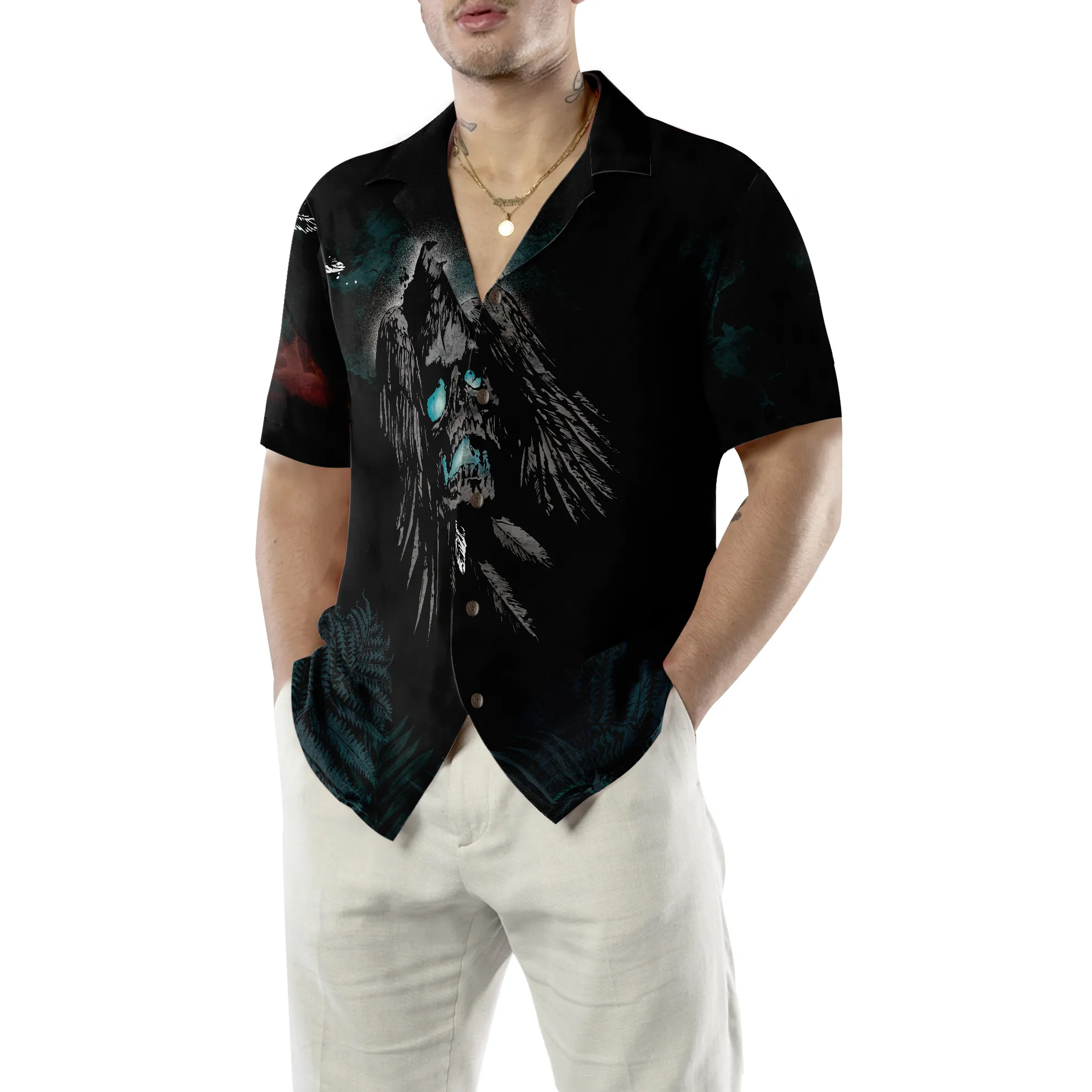 Artistic Gothic Crow Skull Goth Hawaiian Shirt, Black Hawaiian Shirt For Men