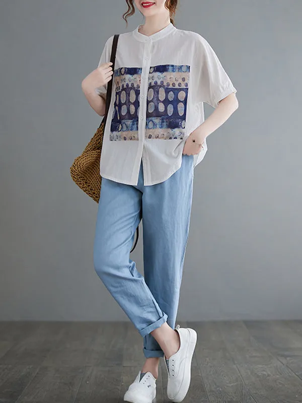 Artistic Retro Loose Applique Printed Blouse