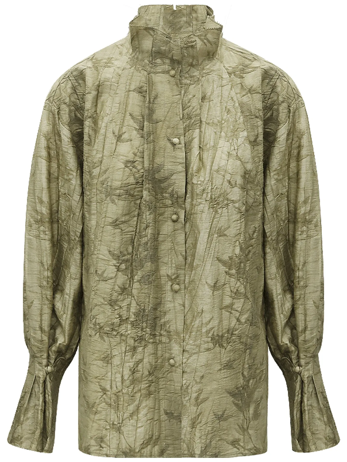 Bamboo Leaf Jacquard Ruffled Long Sleeve Blouse