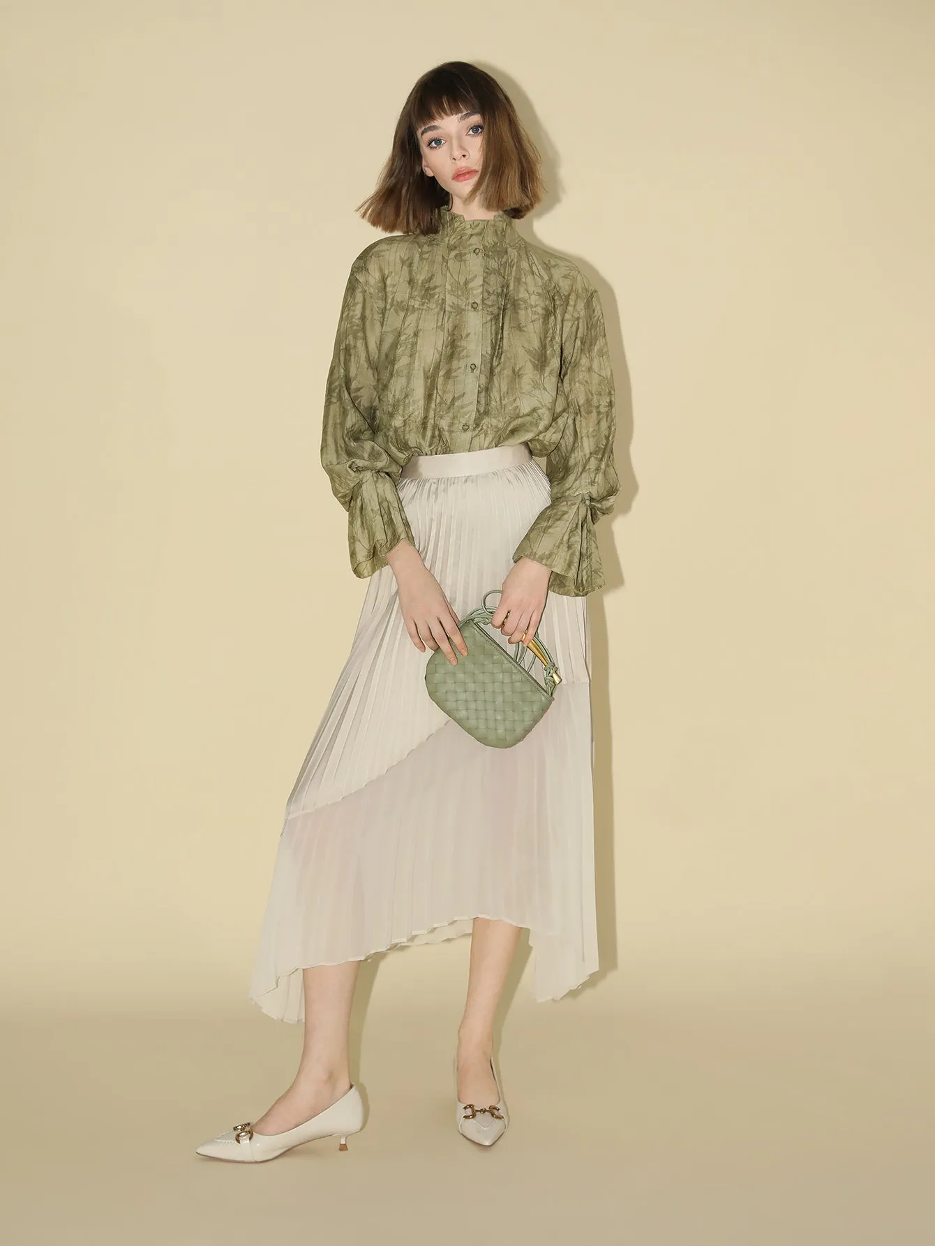 Bamboo Leaf Jacquard Ruffled Long Sleeve Blouse