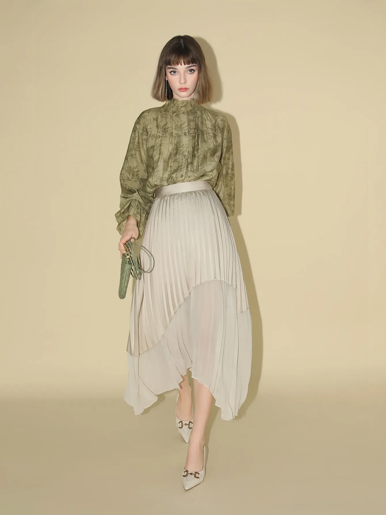 Bamboo Leaf Jacquard Ruffled Long Sleeve Blouse