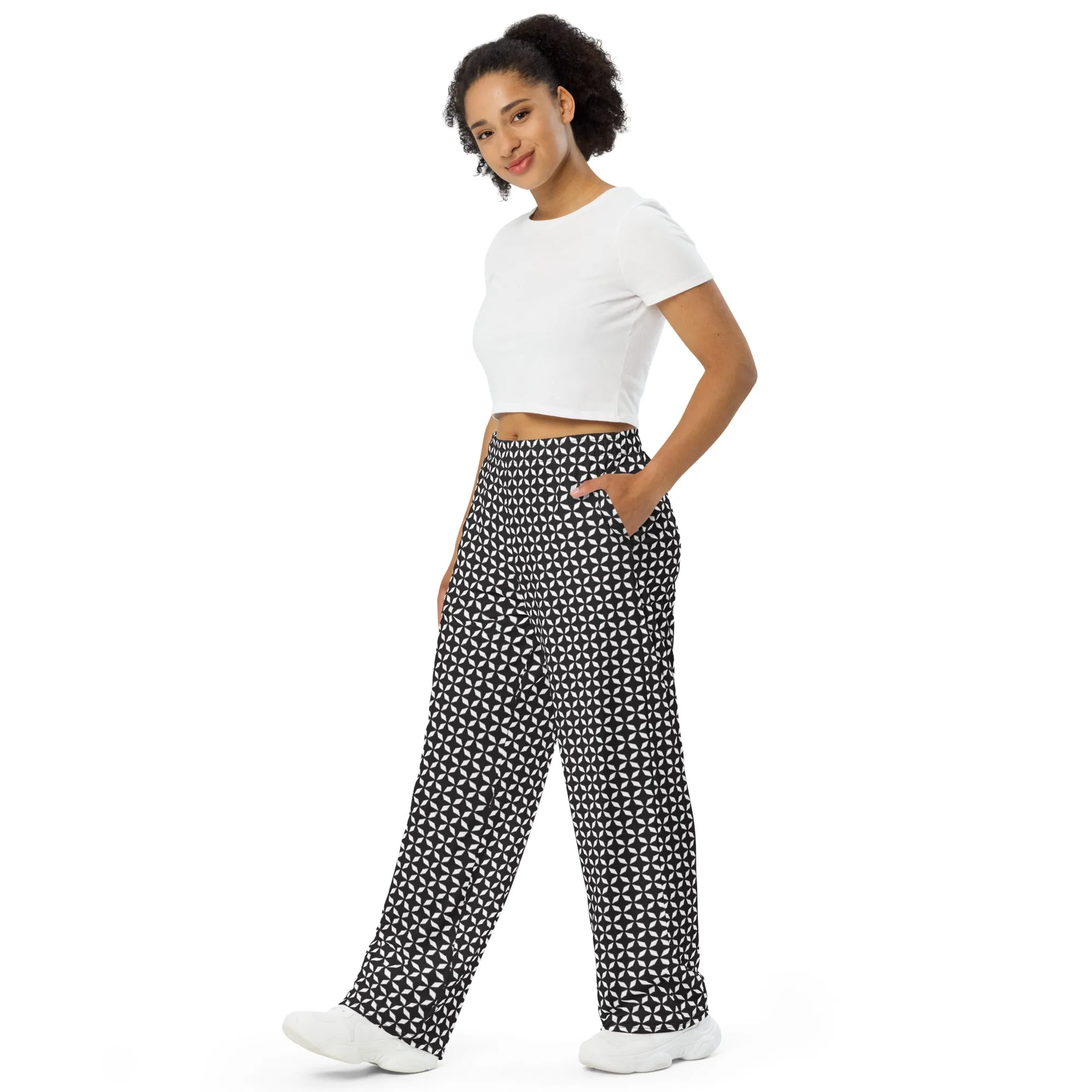 Black & Whitepatterned wide-leg pants