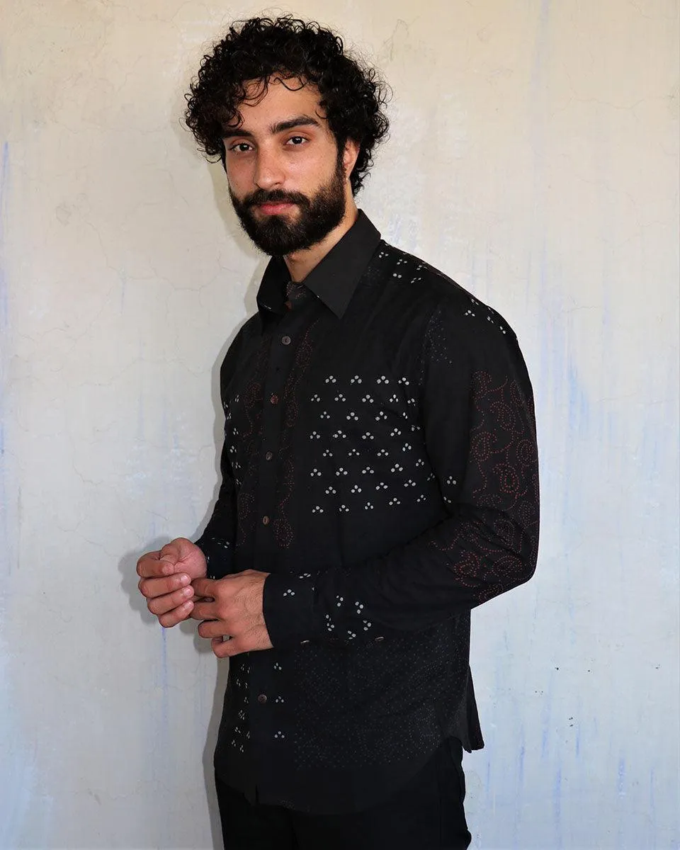 Black Paisley Motif Blockprinted Men'S Shirt