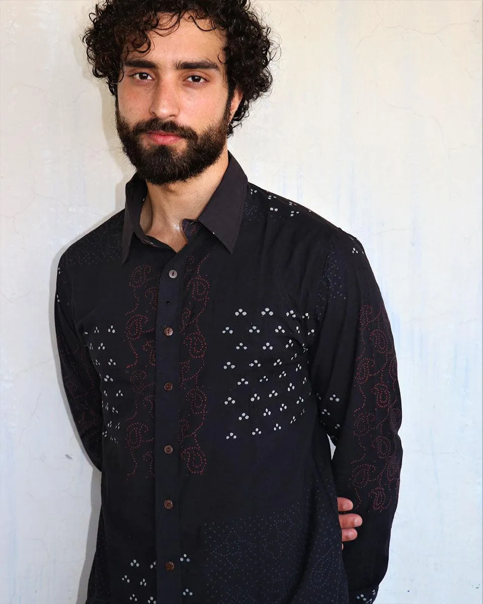 Black Paisley Motif Blockprinted Men'S Shirt