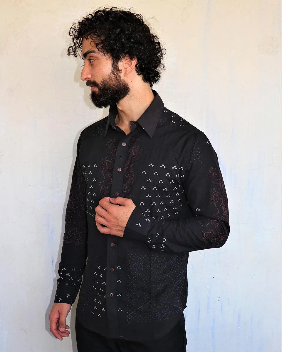 Black Paisley Motif Blockprinted Men'S Shirt