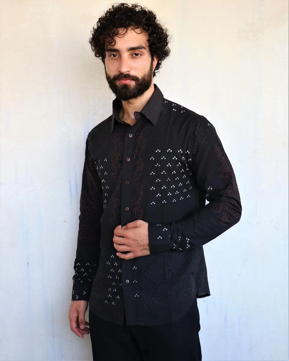 Black Paisley Motif Blockprinted Men'S Shirt