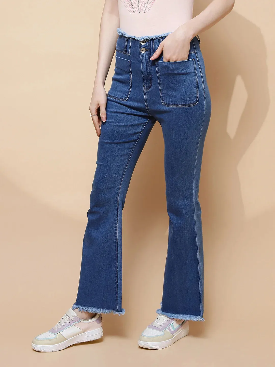 Blue Cotton Blend Bootcut Slim Fit Jeans For Women