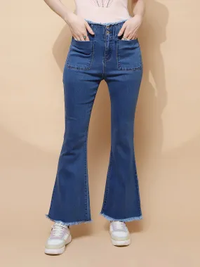 Blue Cotton Blend Bootcut Slim Fit Jeans For Women