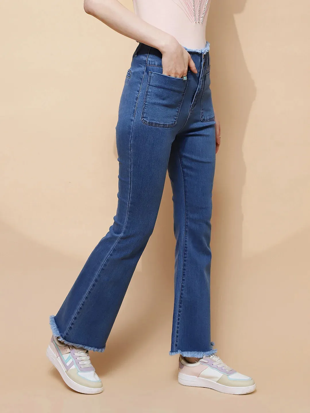 Blue Cotton Blend Bootcut Slim Fit Jeans For Women