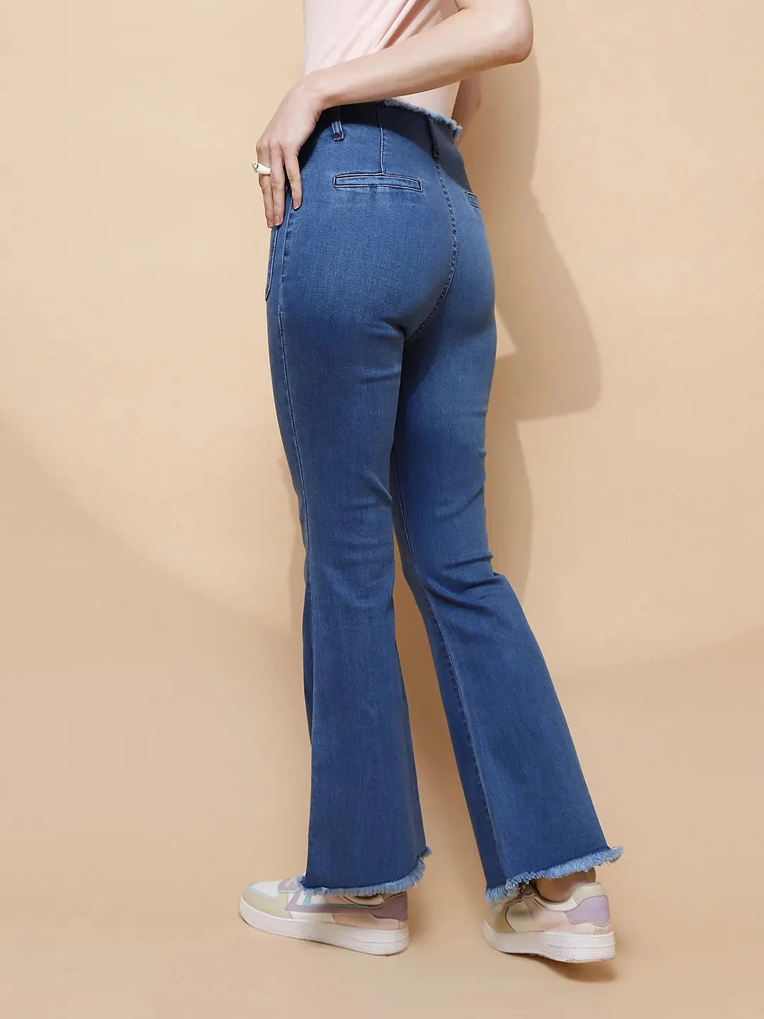 Blue Cotton Blend Bootcut Slim Fit Jeans For Women