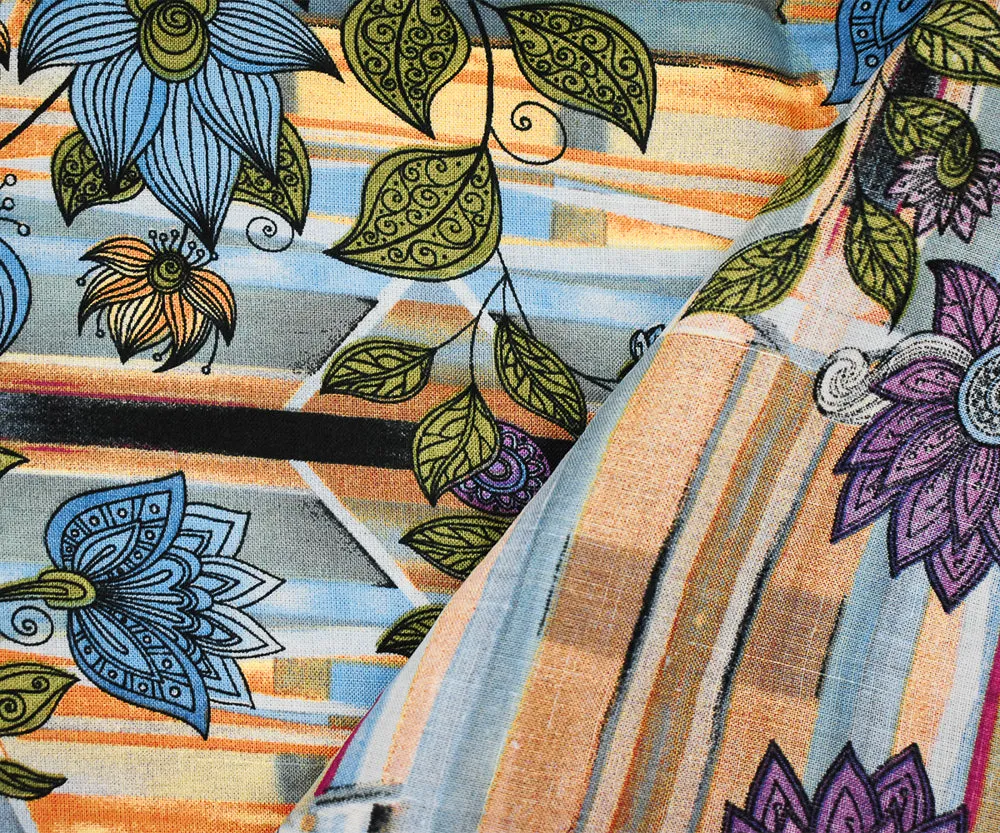 Blue-Yellow-Multi Floral Stripe Printed Linen Woven Fabric