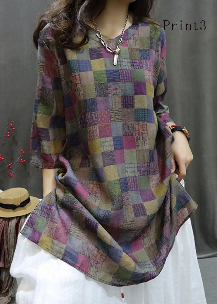 Bohemian V Neck Print Cotton Mid Shirts Half Sleeve AP057