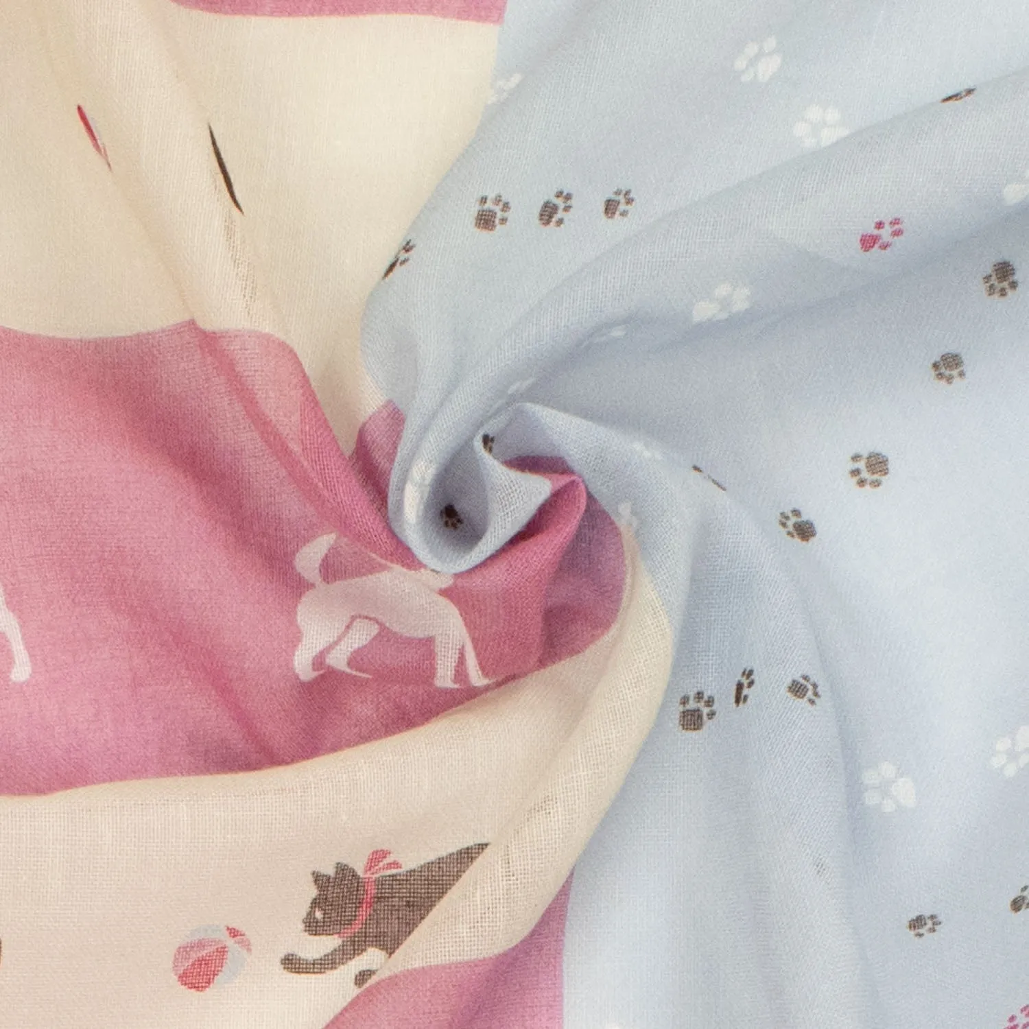 Border Printed Cotton Voile Design-12 Paw Stripes on Blue/Cats and Dogs on Pink & Cream Stripes