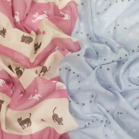 Border Printed Cotton Voile Design-12 Paw Stripes on Blue/Cats and Dogs on Pink & Cream Stripes