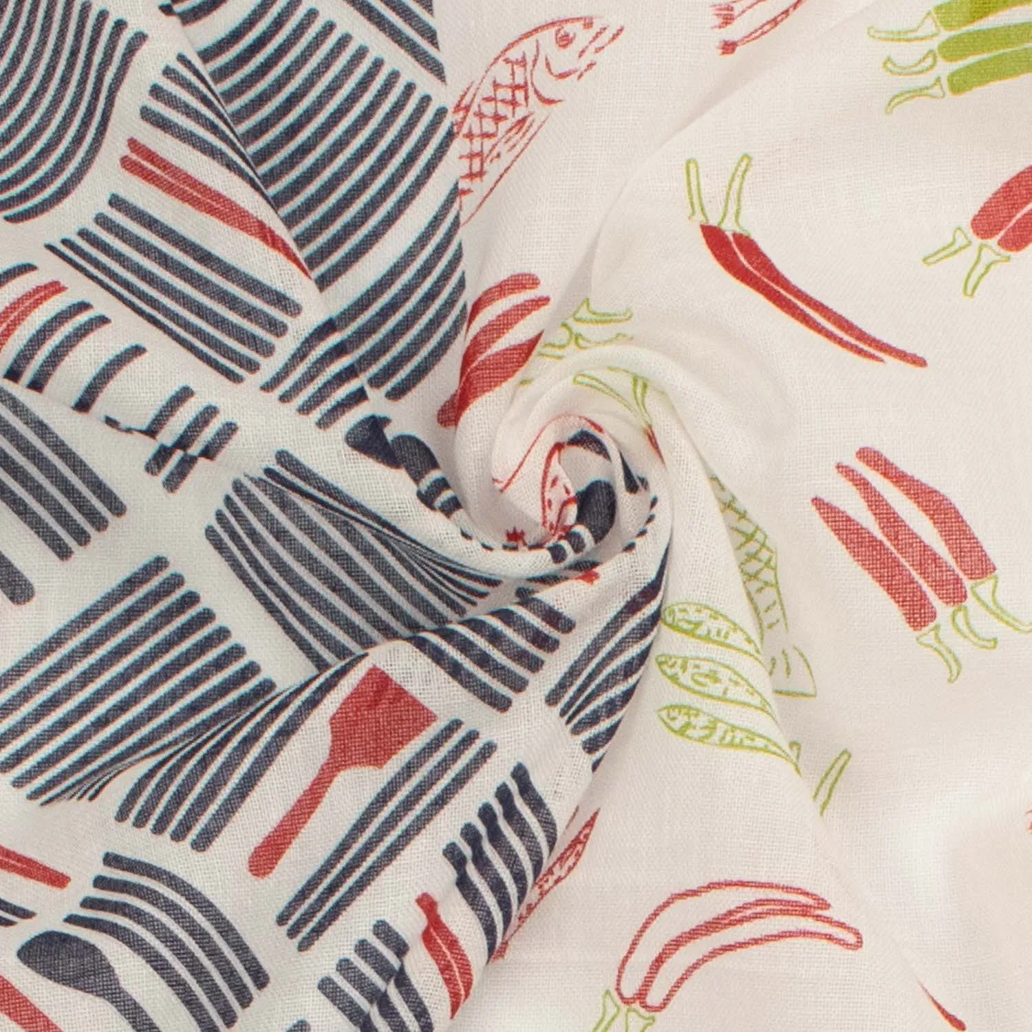 Border Printed Cotton Voile Design-23 Navy Tableware Checks on White/Red Chili & Fish on White