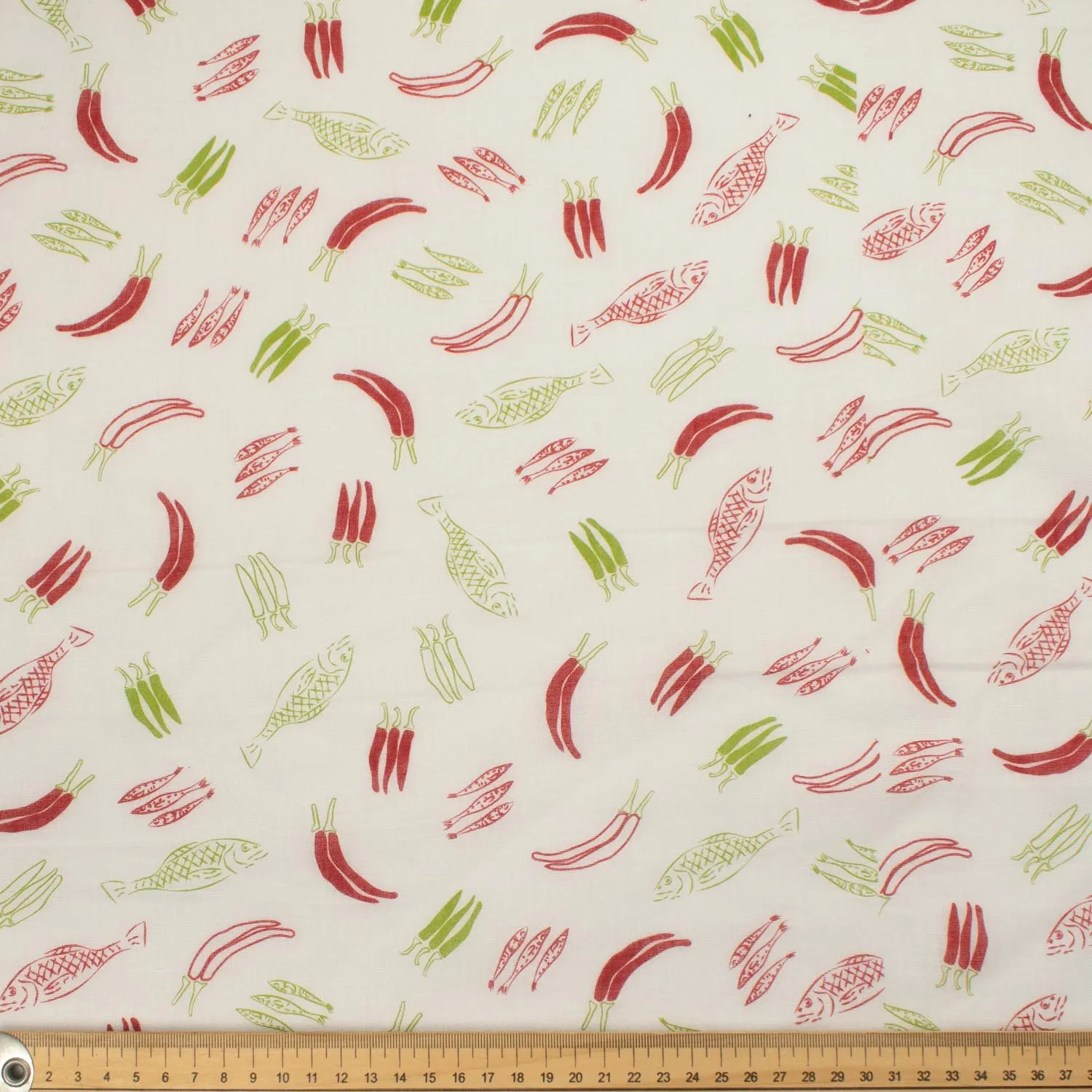 Border Printed Cotton Voile Design-23 Navy Tableware Checks on White/Red Chili & Fish on White