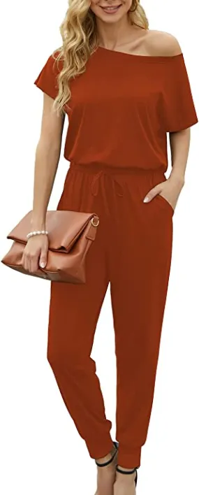 Brick Red Summer Jumpsuit Rompers Off Shoulder for Women with Pockets Casual Elastic Waist - KAY SINN