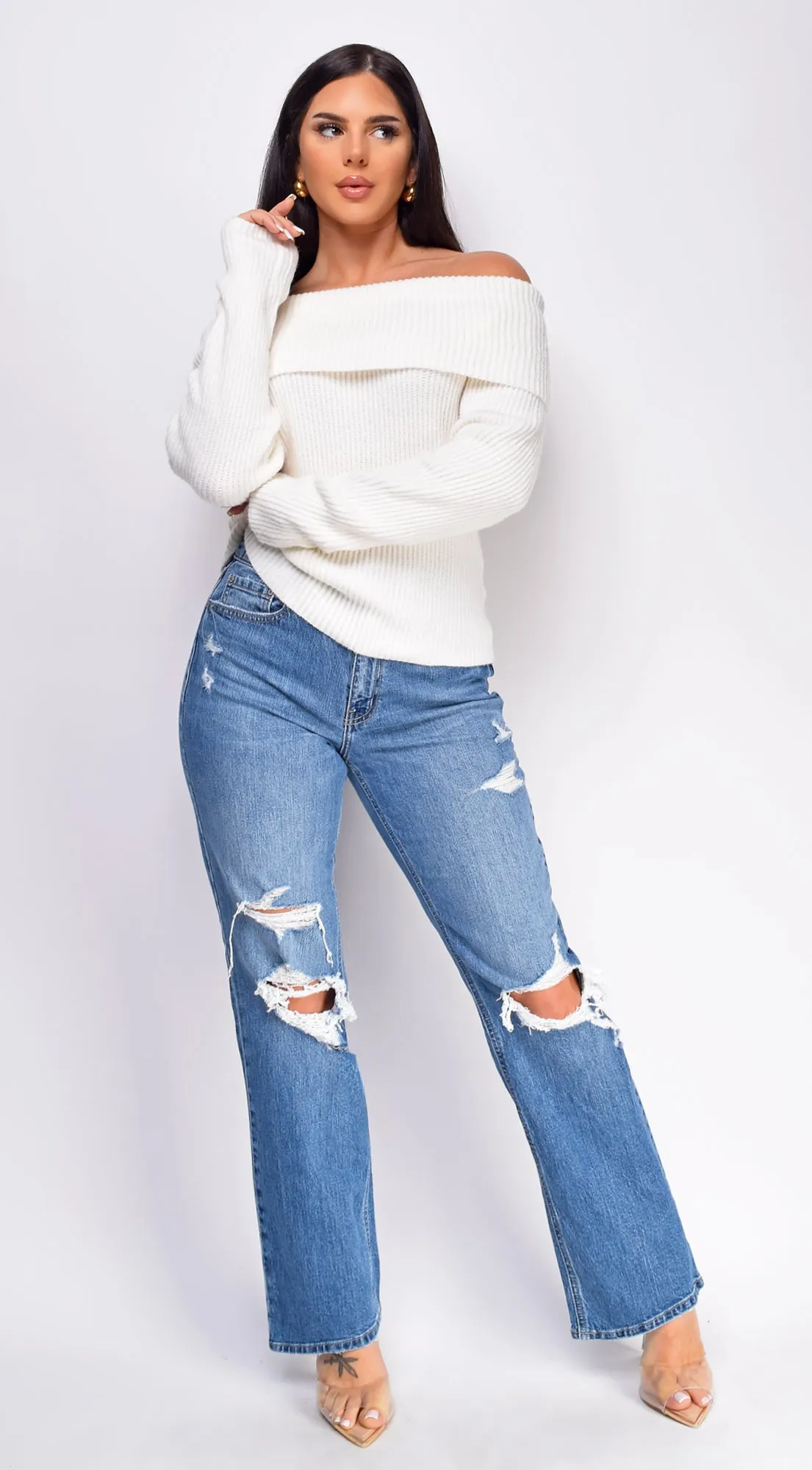 Calla Blue Distressed Relaxed Staright Leg Denim Jeans