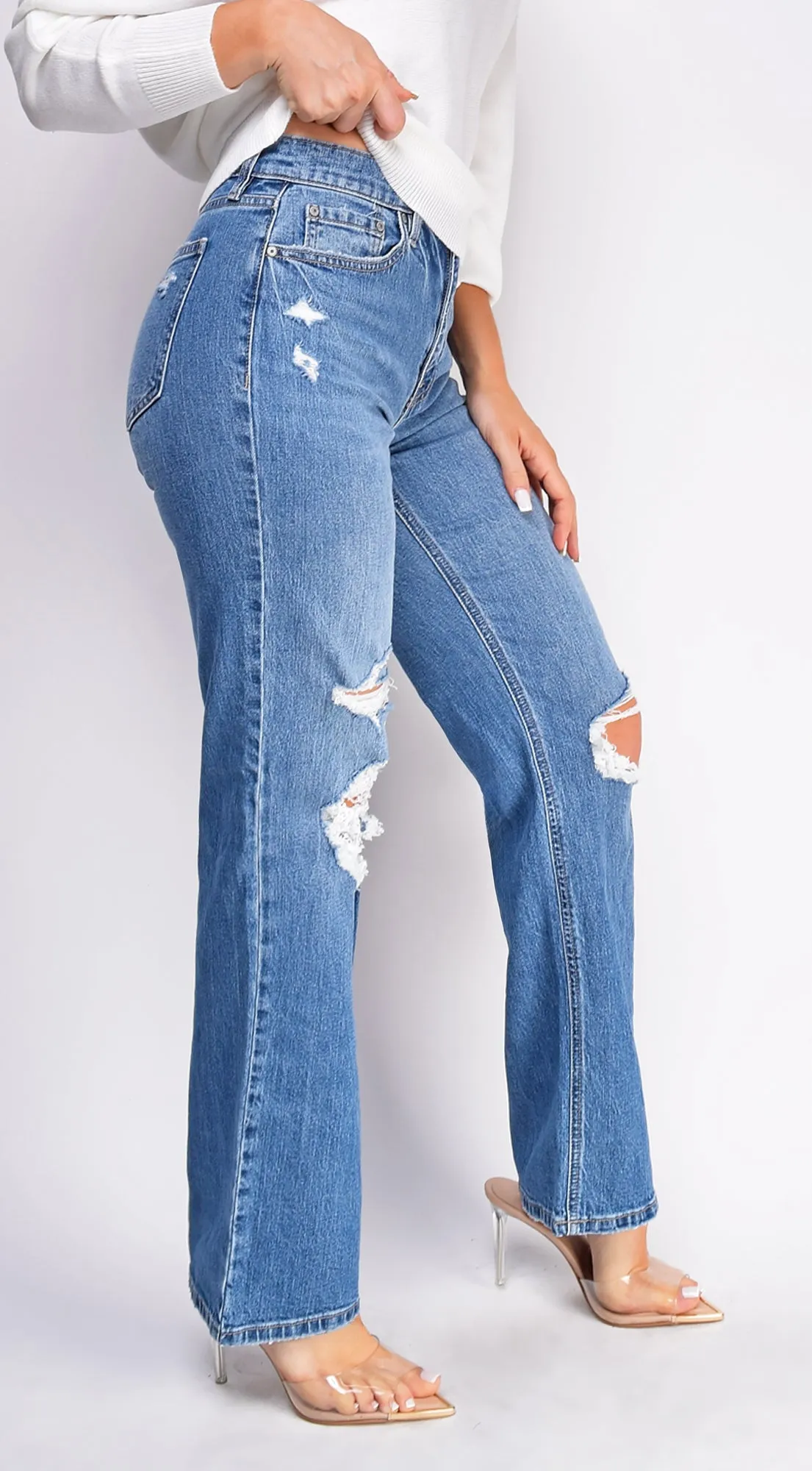 Calla Blue Distressed Relaxed Staright Leg Denim Jeans