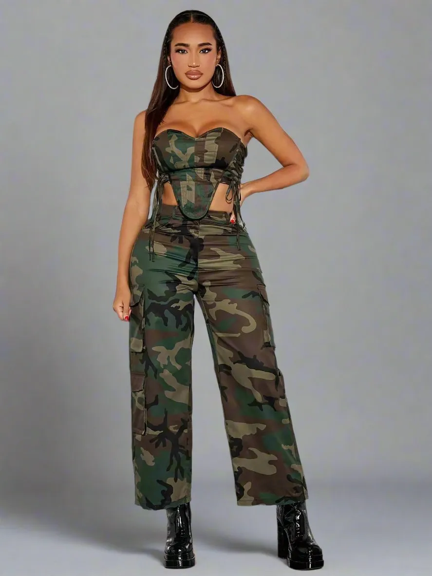 Camo Print Zip Back Tube Top Cargo Pants