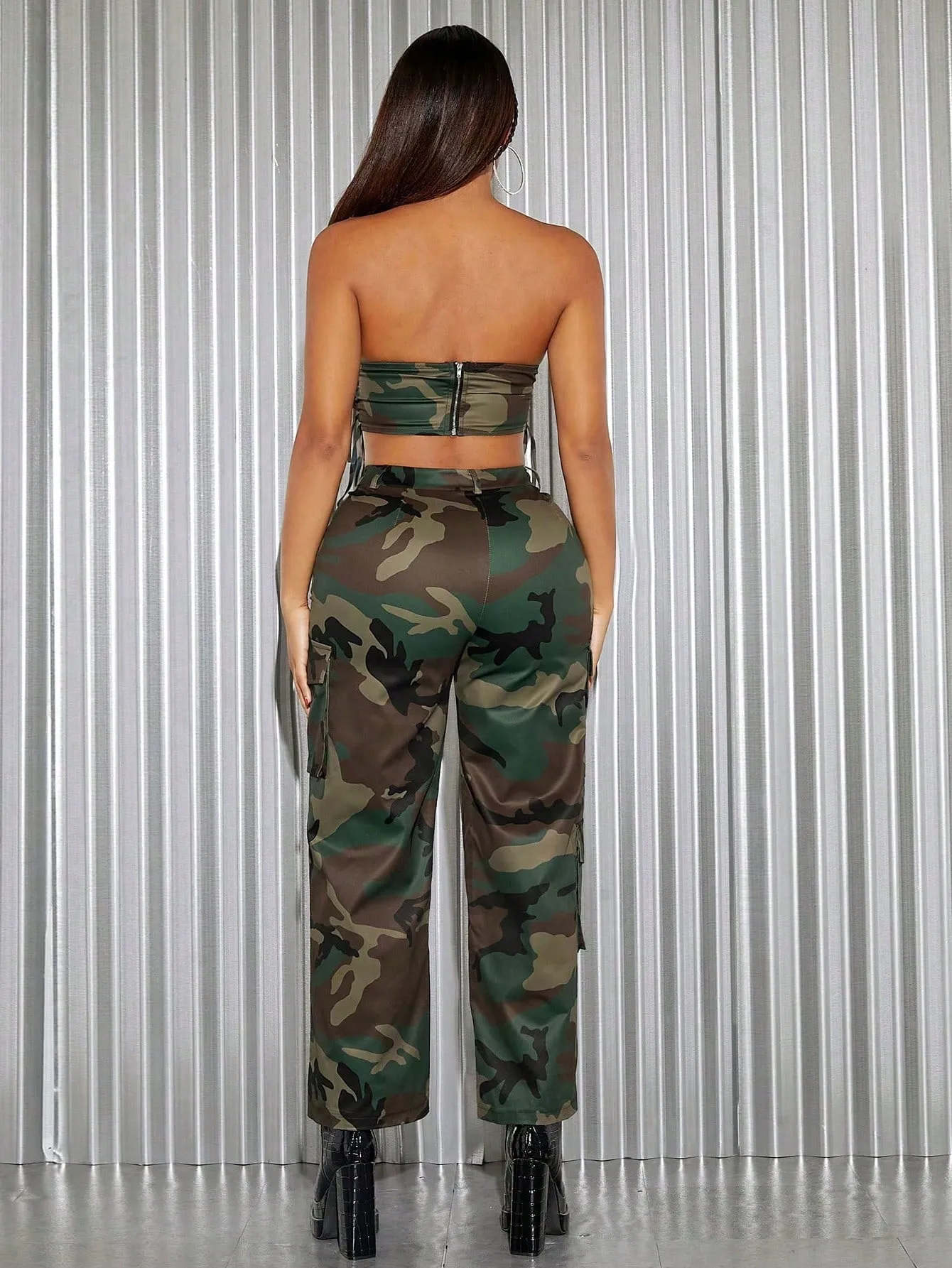 Camo Print Zip Back Tube Top Cargo Pants