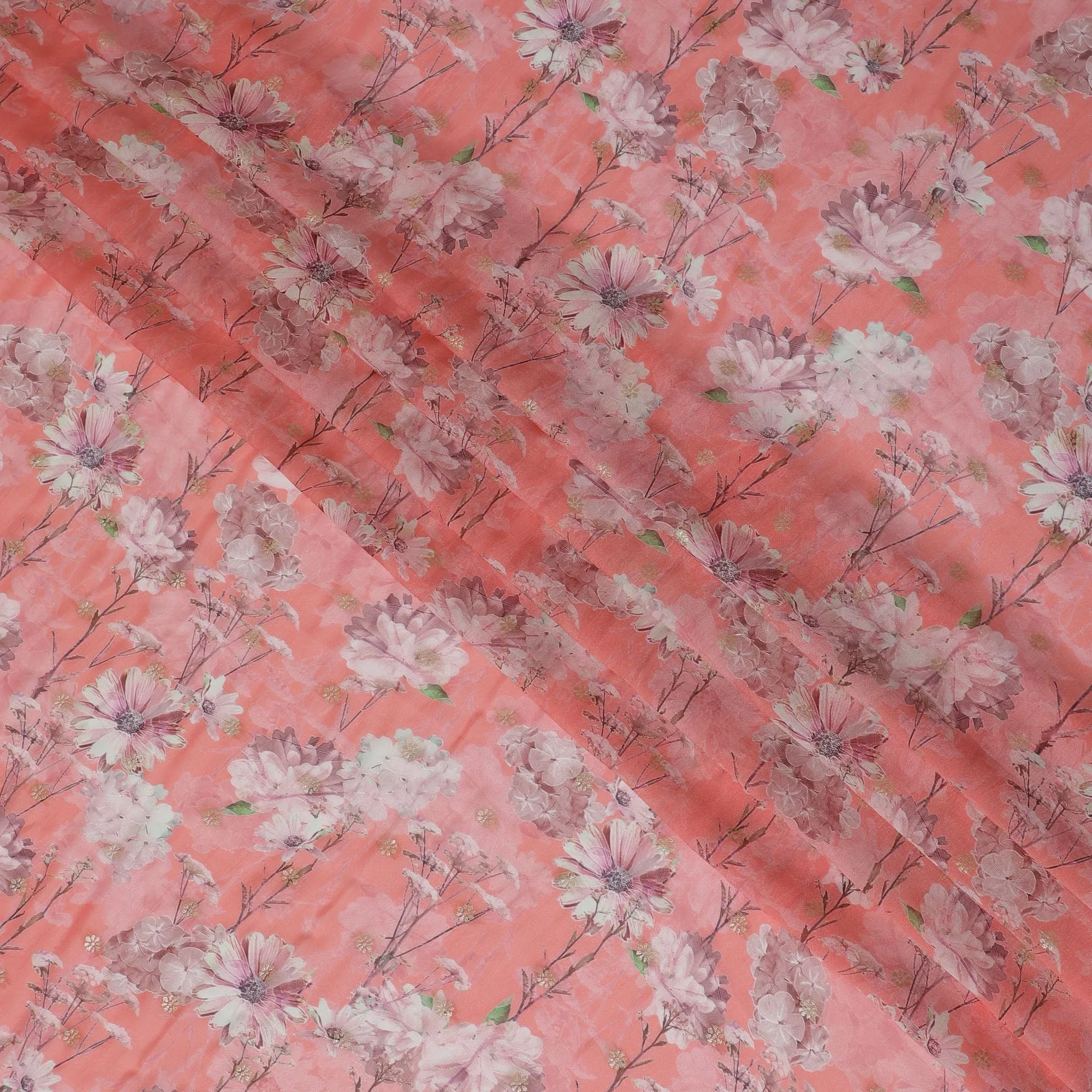 Coral Pink Synthetic Organza Fabric with Soft Floral Design, 110 cm Width-D19700