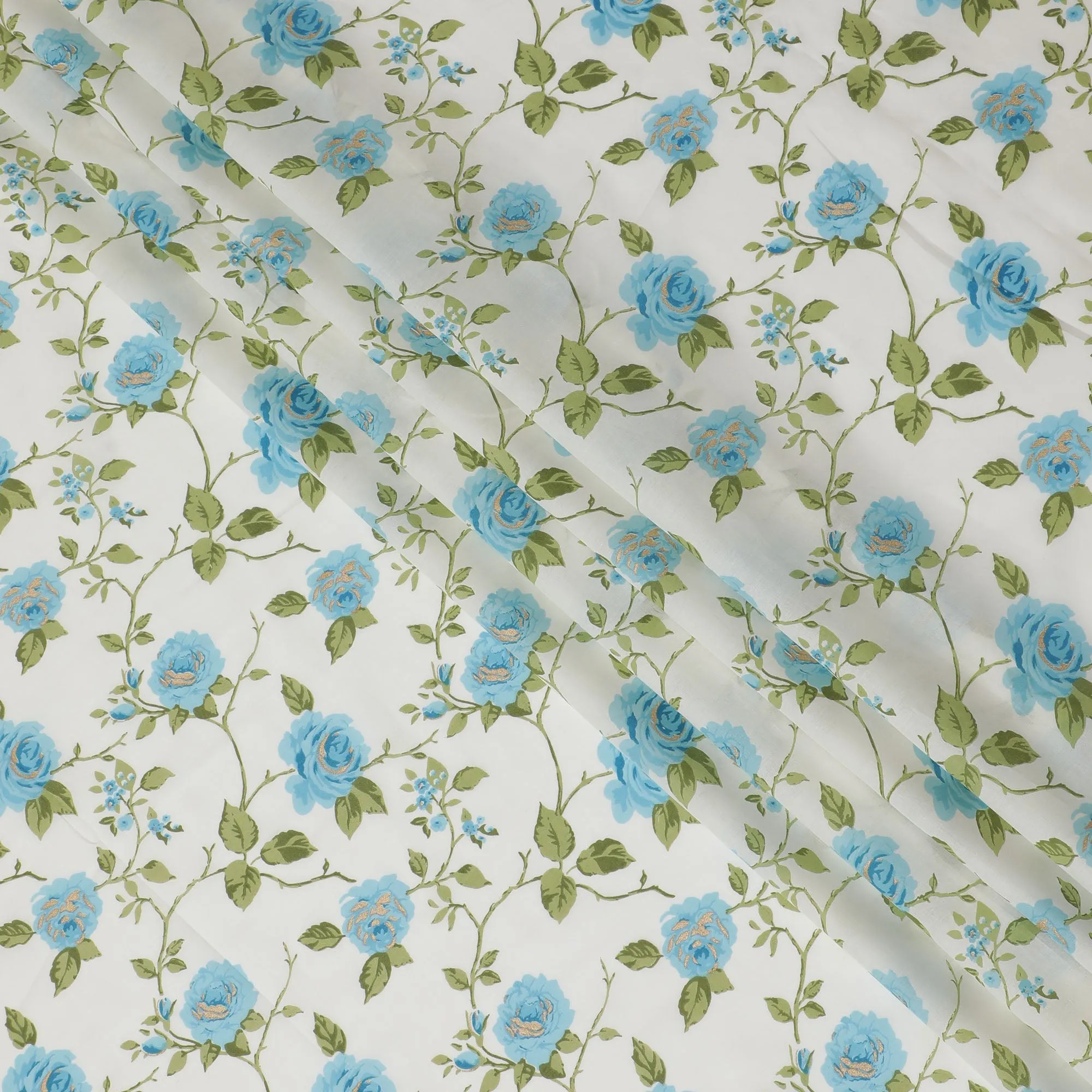 Delicate White and Blue Floral Print Cotton Lawn Fabric - 110 cm Width-D19971