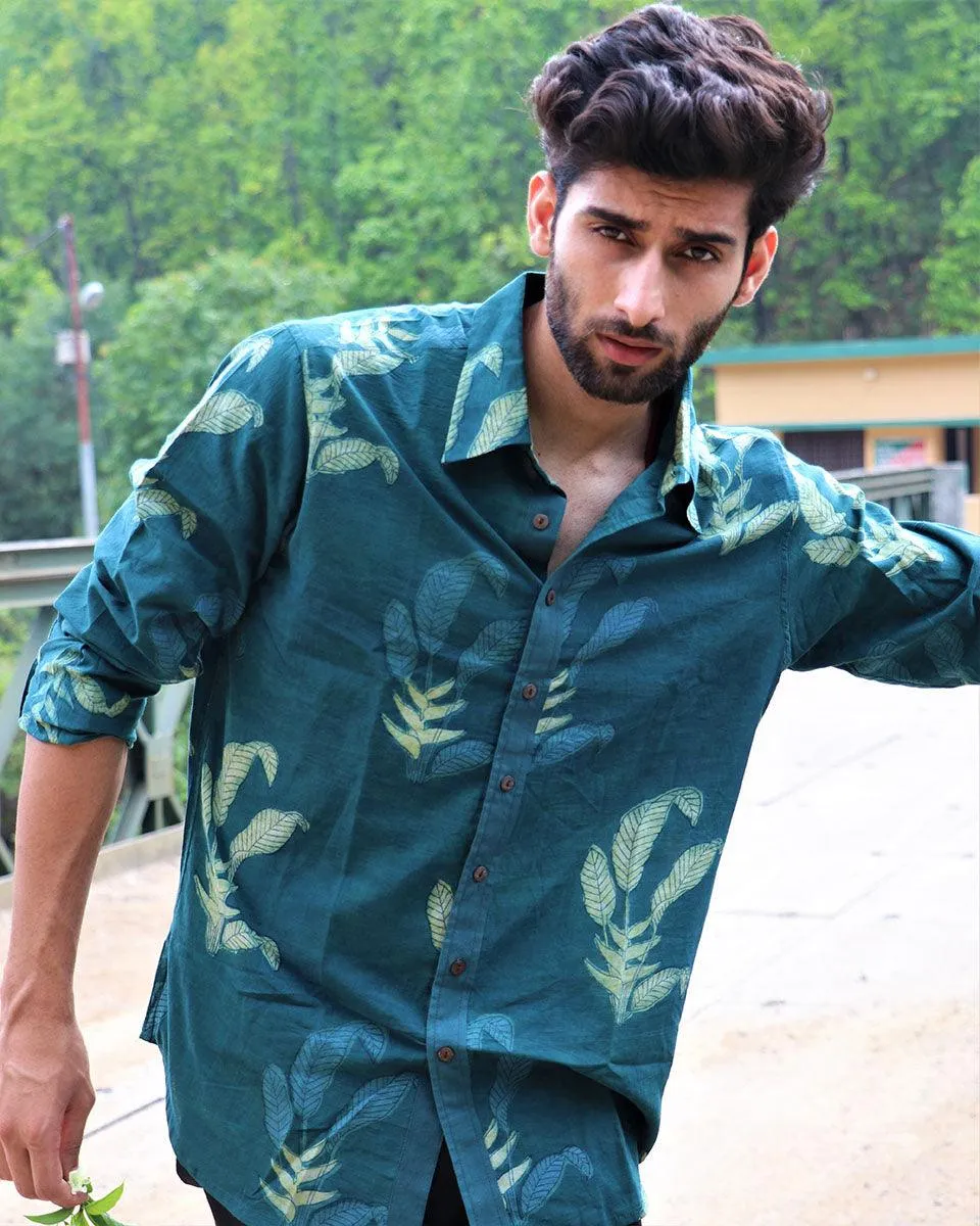 Forest Green Leaf Block Printed Cotton Shirt