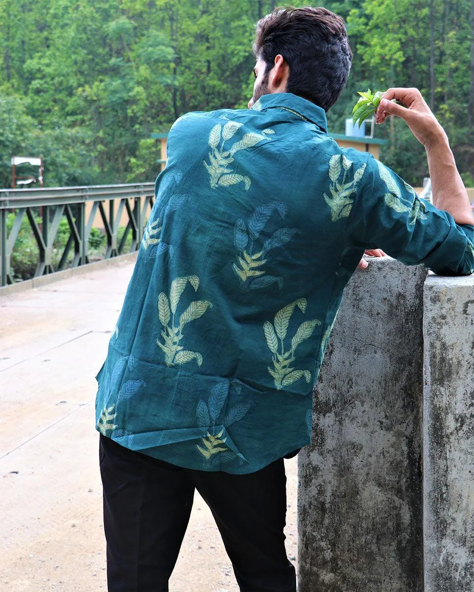 Forest Green Leaf Block Printed Cotton Shirt