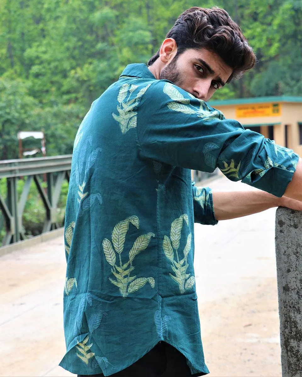 Forest Green Leaf Block Printed Cotton Shirt