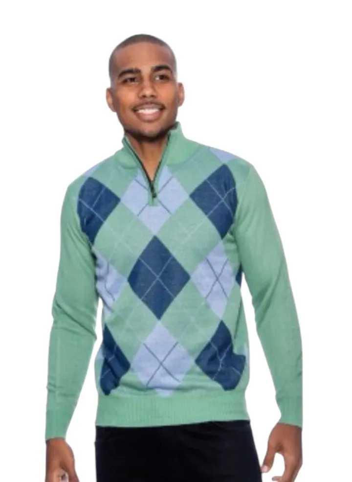 Green Men's Crewneck Sweater Argyle Pattern Quarter Zip Up Long Sleeve Knit Pullover-99