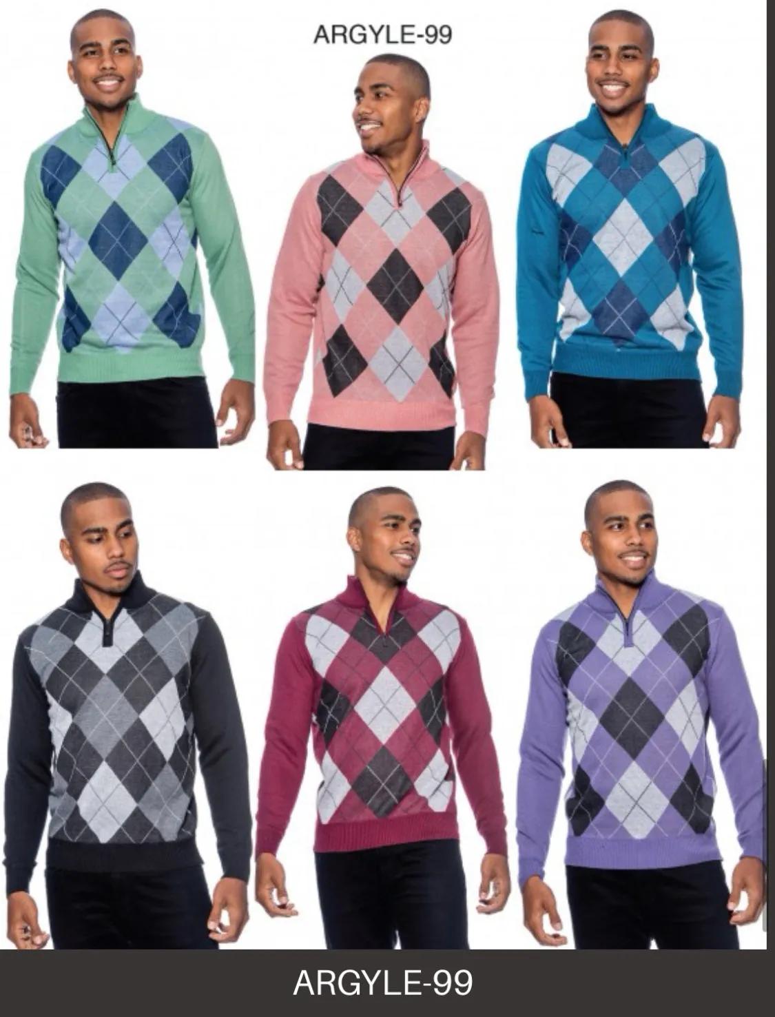 Green Men's Crewneck Sweater Argyle Pattern Quarter Zip Up Long Sleeve Knit Pullover-99