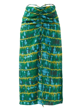 Green ruched shibori-print jersey skirt