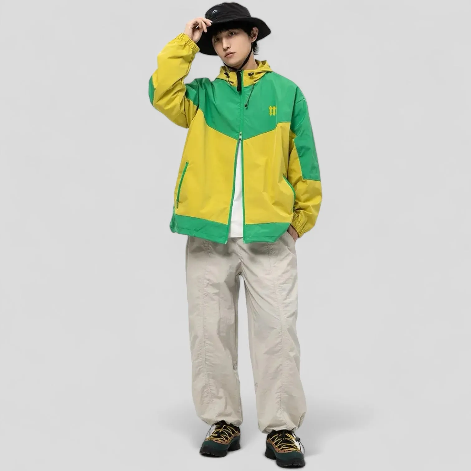 Hooded color block windbreaker