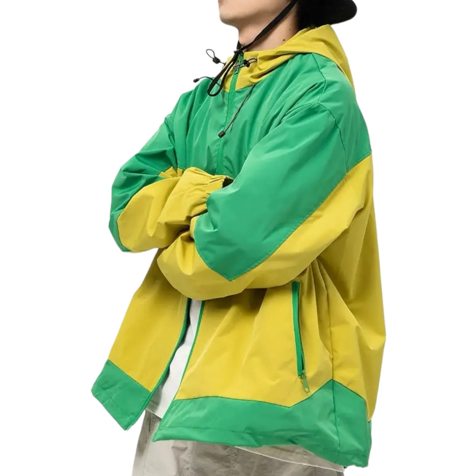 Hooded color block windbreaker