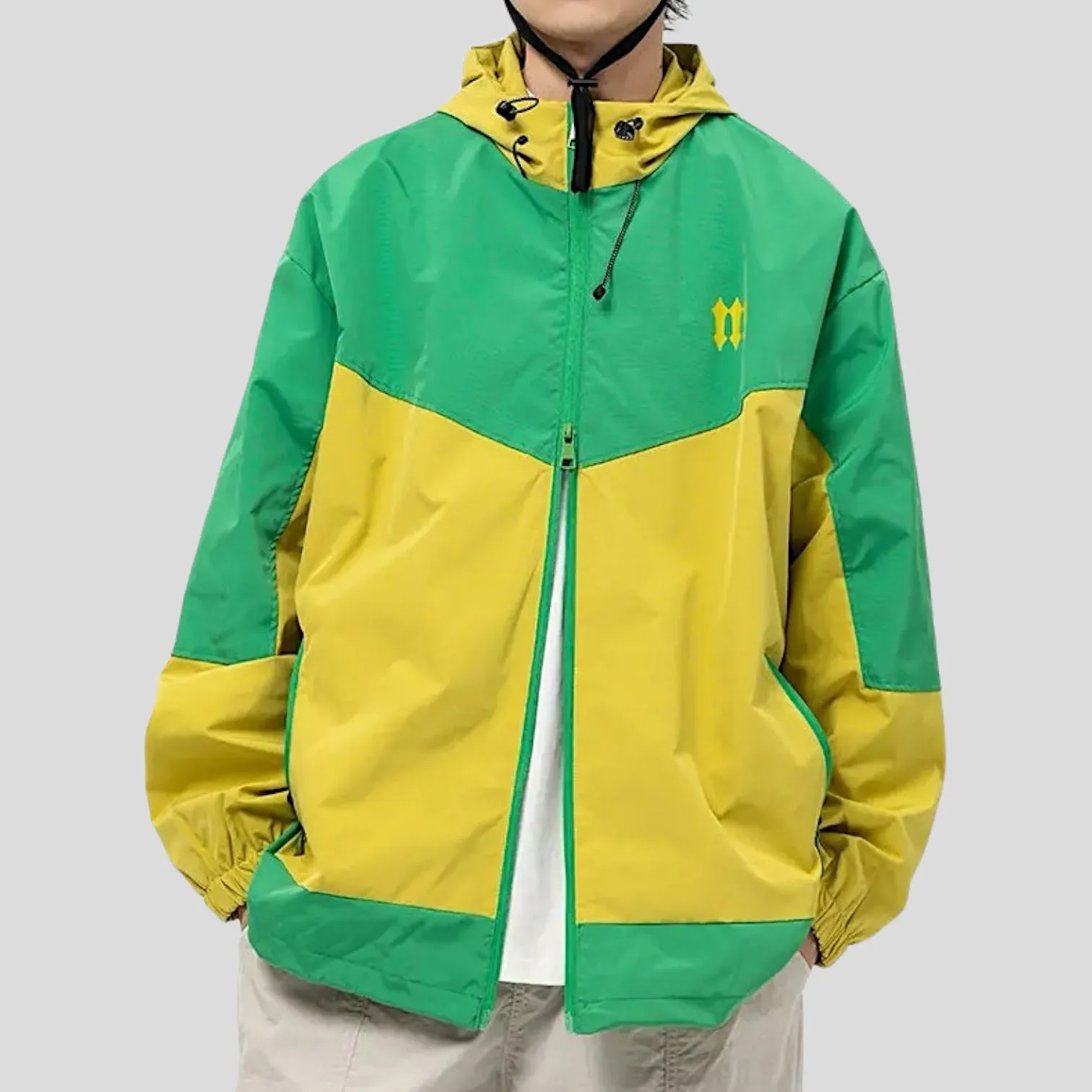 Hooded color block windbreaker