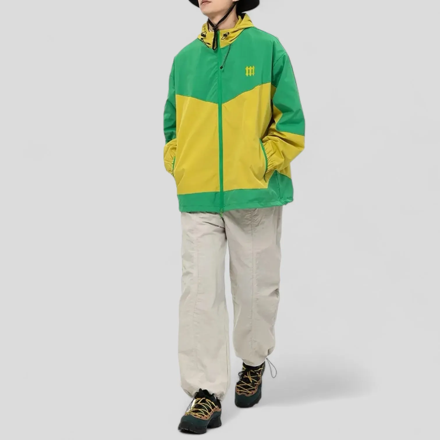 Hooded color block windbreaker