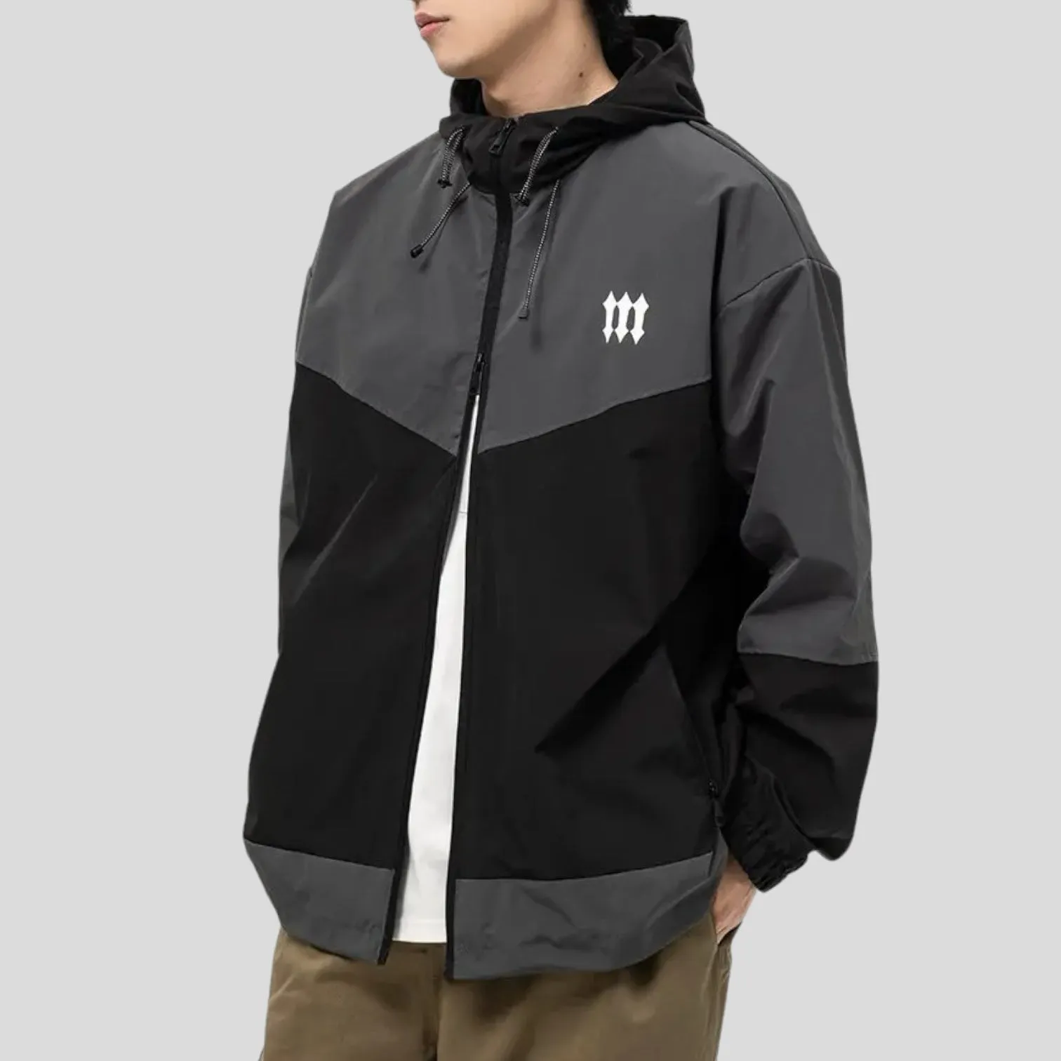 Hooded color block windbreaker