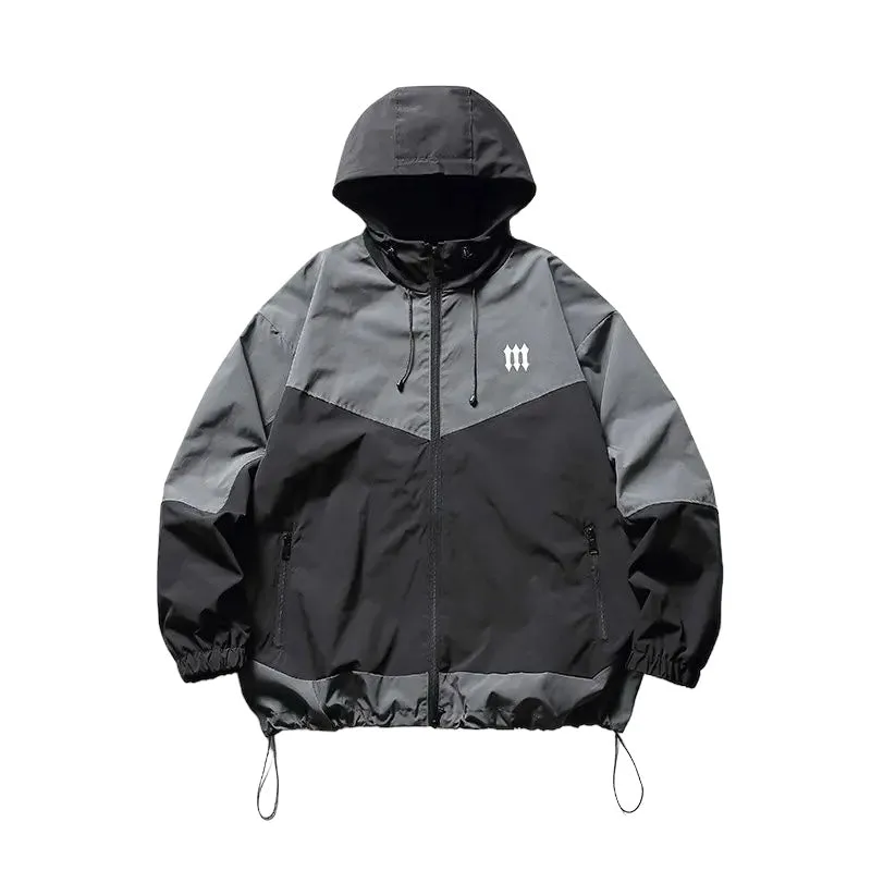 Hooded color block windbreaker