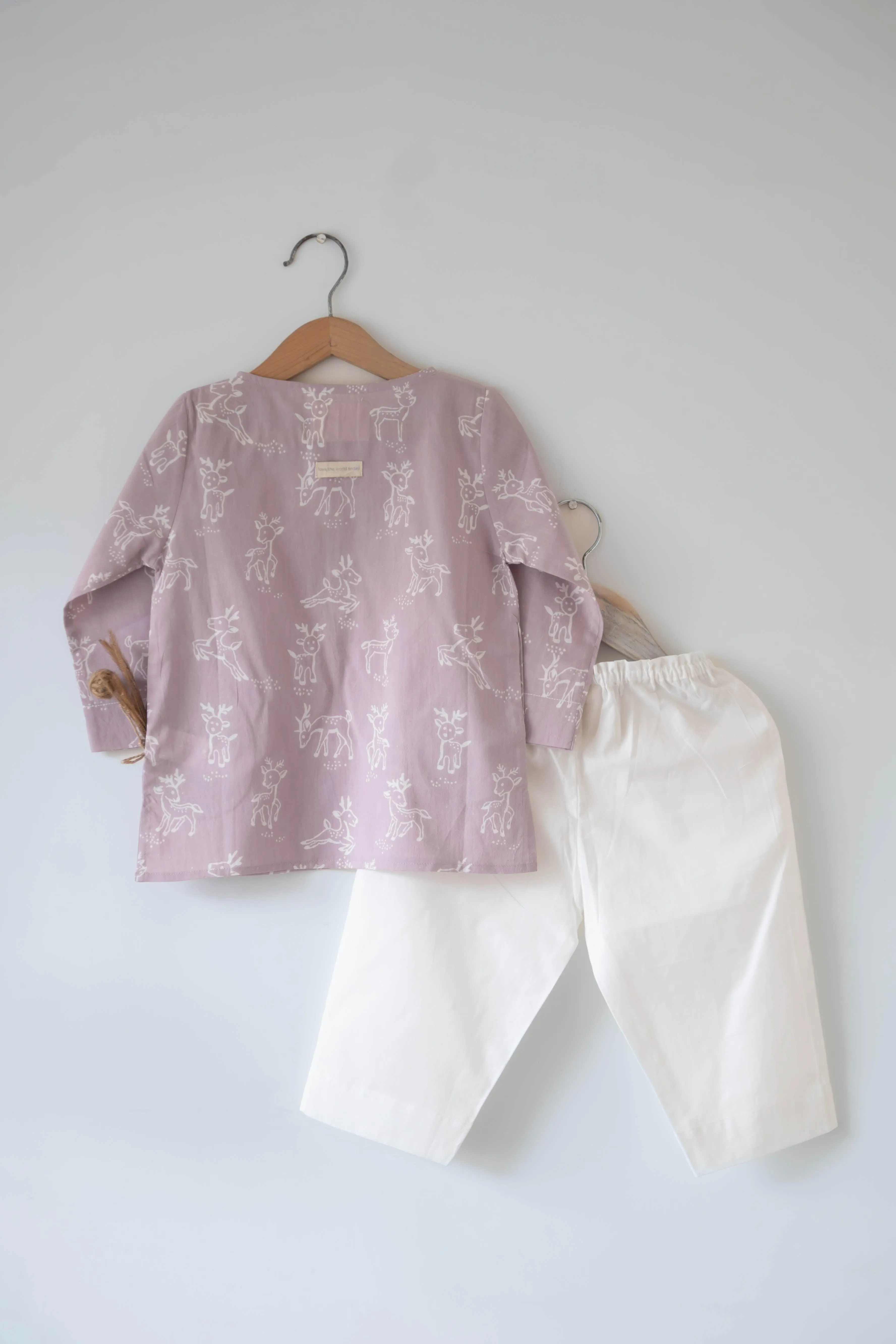 ‘I want to be like grandpa’ kurta pajama set in lilac reindeers hand block print