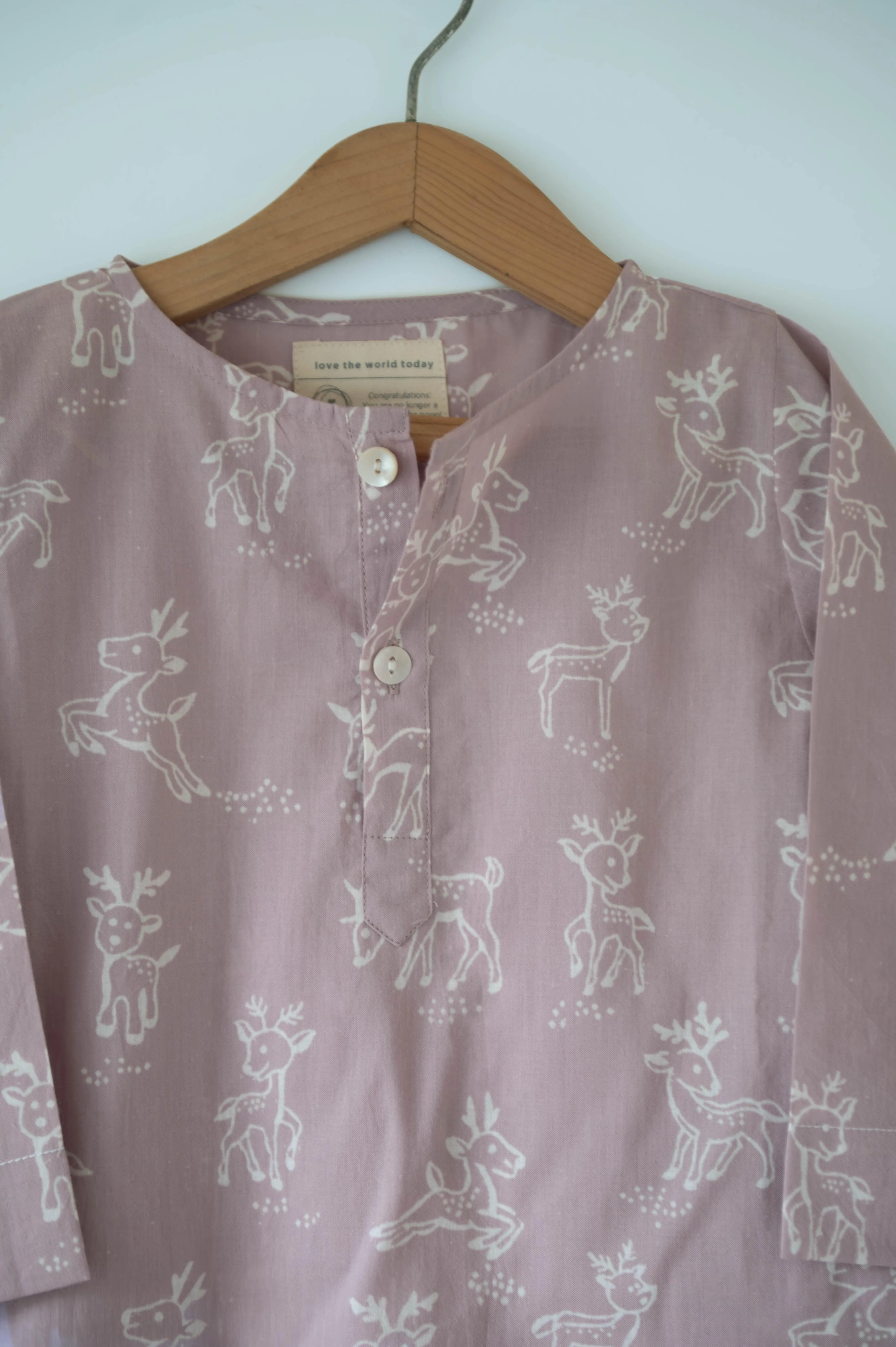 ‘I want to be like grandpa’ kurta pajama set in lilac reindeers hand block print